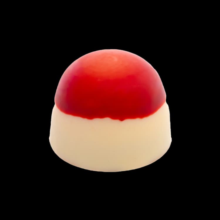 Raspberry Cheesecake bonbon - a holiday exclusive with tangy raspberry and creamy cheesecake ganache